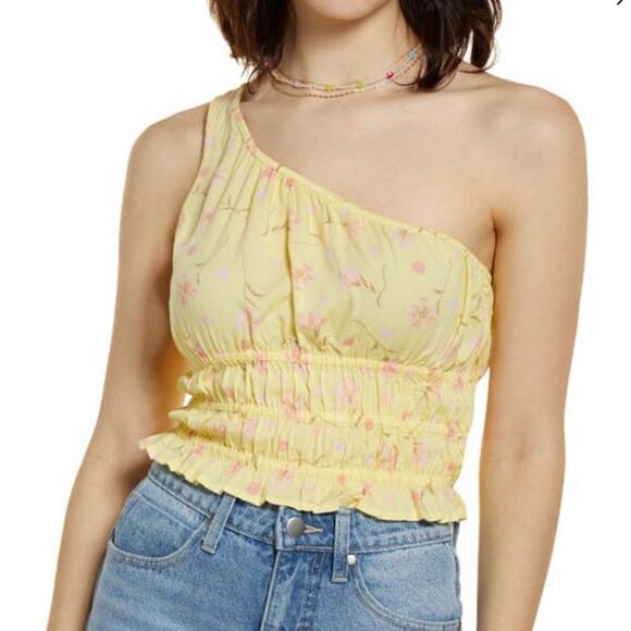 BP FLORAL ONE-SHOULDER CROP TOP IN YELLOW LEMONADE SOPHIE FLORAL Medium NWOT - Picture 1 of 6